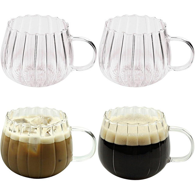 LUATSDAR Halloween Pumpkin Mugs 14 oz Glass Coffee Mugs Set of 4, Drinking Glasses with Transparent Handle, Clear Glass Cups for Hot or Cold Drinks like Cappuccino, Latte, Cocoa, Milk, Tea