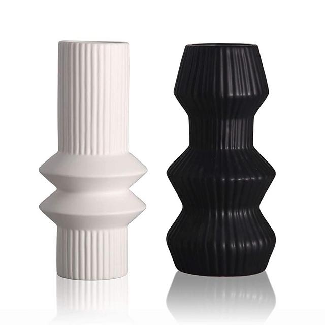 TERESA'S COLLECTIONS Ceramic Modern Vase for Home Decor, Black and White Cylinder Geometric Decorative Vases for Mantel, Table, Living Room, Office Decoration-Set of 2