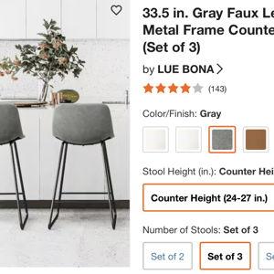 33.5 in. Gray Faux Leather Bar Stools Metal Frame Counter Height Bar Stools (Set of 3)