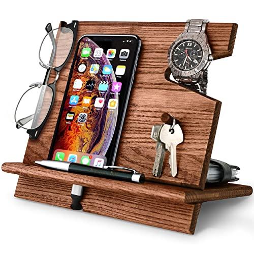 BarvA Wood Docking Station Cell Phone Smartwatch Holder Men Charging Accessory Nightstand Father Mobile Gadget Organizer Desktop Dresser Storage Valet Anniversary Birthday Graduation Gift