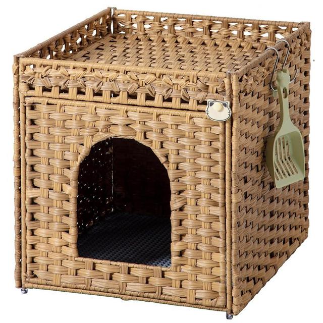 SETVSON Cat Litter Box Enclosure Furniture, Hidden Litter Box with Mat and Fence, Handwoven Rattan Cat House with Two S-Shaped Hooks for Living Room, Bedroom, 18.5 x 20.5 x 19.1 Inches (Natural)