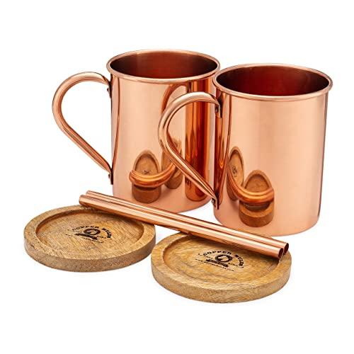 Moscow Mule PURE Copper Mugs Set of 2 by Copper Mules - Handcrafted of 100% Pure THICK Copper - Straight Smooth Finish - EasyCare Copper Interior - Strong Authentic Riveted Handle - Holds 16 ounces
