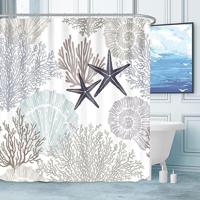 Tritard Extra Long Shower Curtain Decorative Nautical Coastal Starfish Seashell Beach Bath Curtain Waterproof Fabric Ocean Themed Decor for Bathroom with 12 Hooks, 72 x 84, Grey
