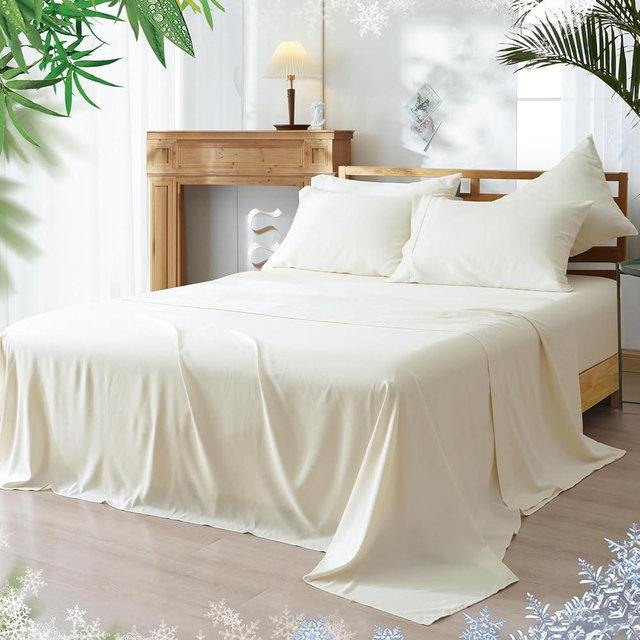 PHF Cooling Sheets Set King Size, Rayon Derived from Bamboo & Polyester, 6PCS Breathable & Wrinkle Free Silky Soft Bedding Sheets, Wider Elastic Band, 16" Deep Pocket Bedding Set & Pillowcase, Cream