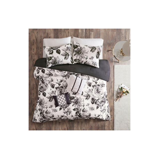 Full/Queen 5pc Hannah Floral Print Comforter Set Black/White