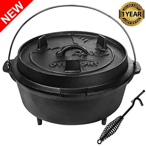 Overmont Camp Dutch Oven 14x14x8.3in All-round Cast Iron Casserole Pot Dual Function Lid Skillet Pre Seasoned with Lid Lifter Handle for Camping Cooking BBQ Baking
