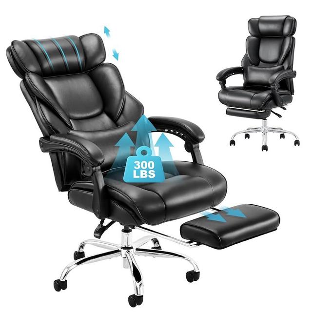 COLAMY Office Chair with Retractable Footrest, Ergonomic High Back Design Executive Computer Desk Chair with Removable Lumbar Pillow, 90-135°Reclining, Thick Bonded Leather for Home Office Work, Black