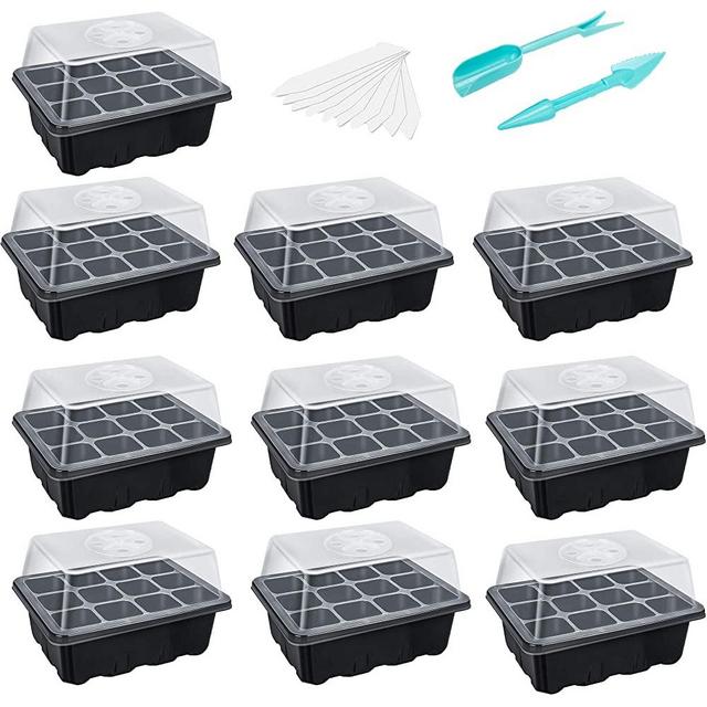 10-Pack Seed Trays Seedling Starter Tray (12 Cells per Tray) Humidity Adjustable Plant Starter Kit with Dome and Base Greenhouse Grow Trays for Seeds Growing Starting