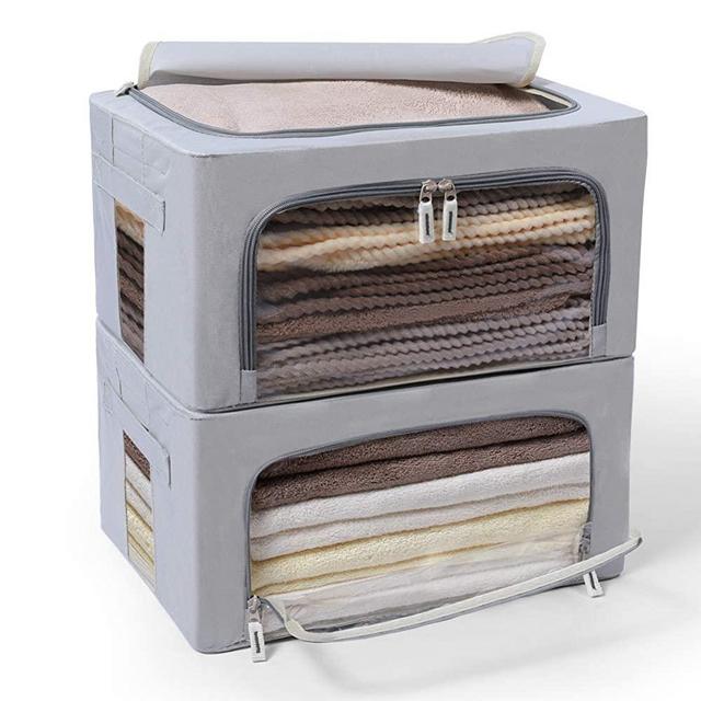 FHSQX Storage Bins, Large Capacity Clothes Bag Organizer with Window & Carry Handles, Foldable Stackable Container Set, Closet Organization for Comforters (2-PACK) (Grey, Small 15.7 x 12 x 8)