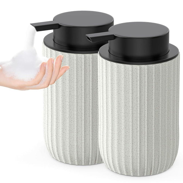 POSOSTO Ceramic Foaming Hand Soap Dispenser，12 oz Bathroom Soap Dispenser， Lotion Dispenser for Kitchen, Refillable Matte Streaks Soap Dispenser with Large Pump (Beige-2Pack)