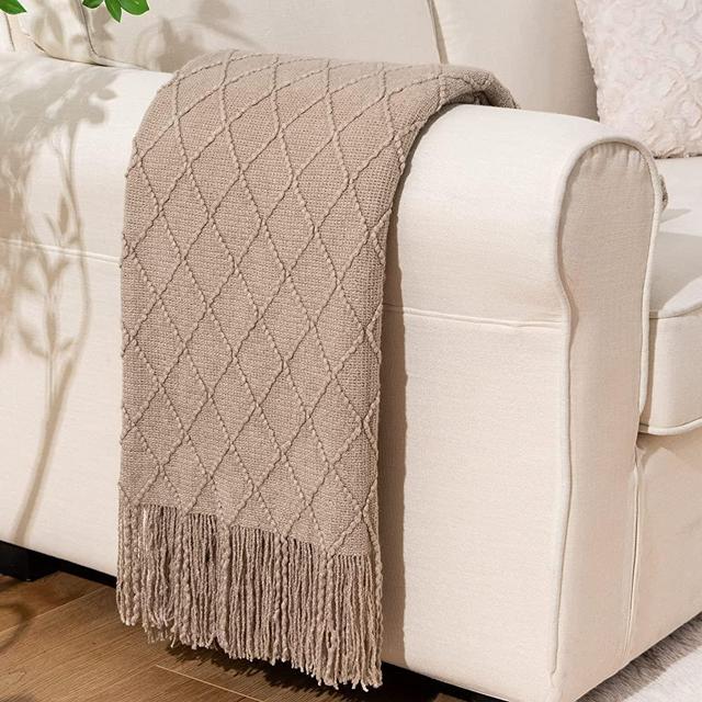 BATTILO HOME Knit Throw Blanket Soft Lightweight Diamond Textured Decorative Blanket with Tassel for Bed, Couch (Khaki, 50"x60")