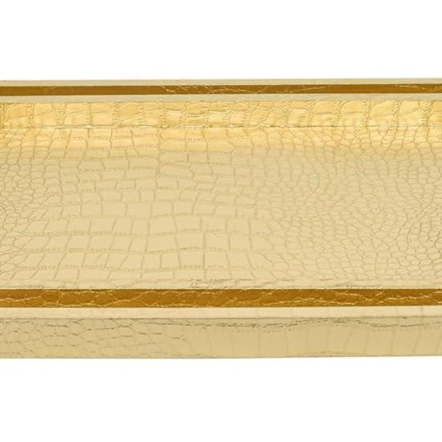 MACVAD Set of 2 Modern Elegant Large Wood Serving Tray, Rectangle Decorative Tray Ottoman Tay Coffee Table Tray, Gold Crocodile Leather with Gold Polished Metal Handles
