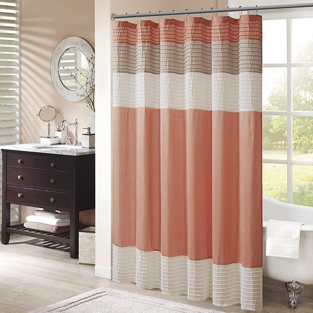 Madison Park Amherst Bathroom Shower Faux Silk Pieced Striped Modern Microfiber Bath Curtains, 72x72 Inches, Coral