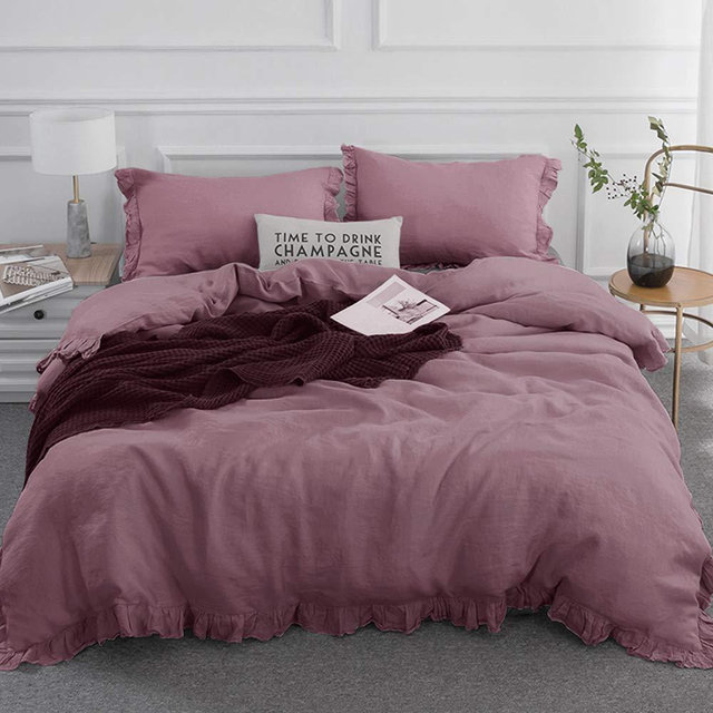 Simple&Opulence 100% Linen Frill Farmhouse Duvet Cover Set,King Size (104''x92''), 3 Piece Belgian Flax Bedding(1 Comforter Cover+2 Pillowshams) with Ruffled Edges, Soft and Breathable, Purple