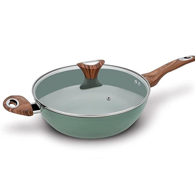 Phantom Chef 11" Deep Frypan 5 Qt Wok | Aluminum Body Non-Stick Ceramic Coating | With Soft Touch Stay Cool Handle | Dishwasher Safe | Non-Toxic PFOA & PTFE Free (Green)