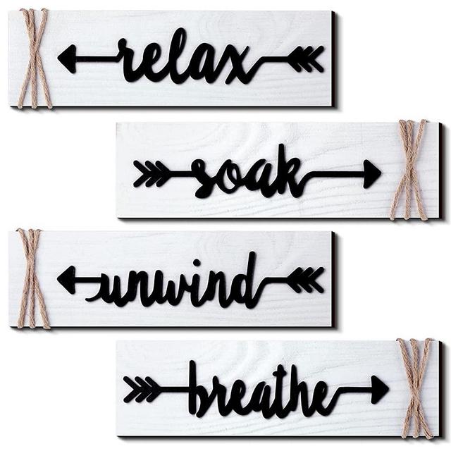 4 Pieces Bathroom Wall Art Soak Relax Unwind Breathe Farmhouse Wooden Signs Rustic bathroom Decor with Arrow Signs Hanging Vintage Bathroom Wall Decor for Home Laundry Room Bathroom (White)