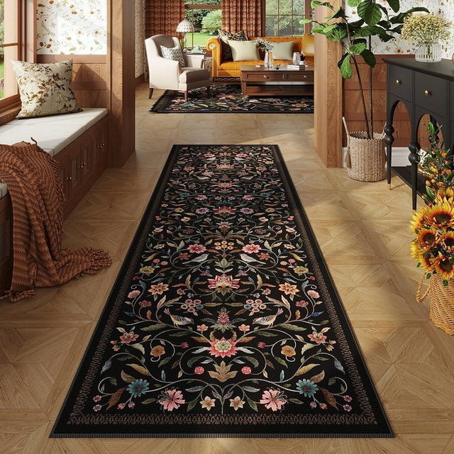 Vowkten Vintage Medallion Floral Washable Runner Rug 2'7"x8', Non-Slip Low Pile Soft Carpet for Hallways, Laundry, Bedroom, Bathroom, Entryway | Black