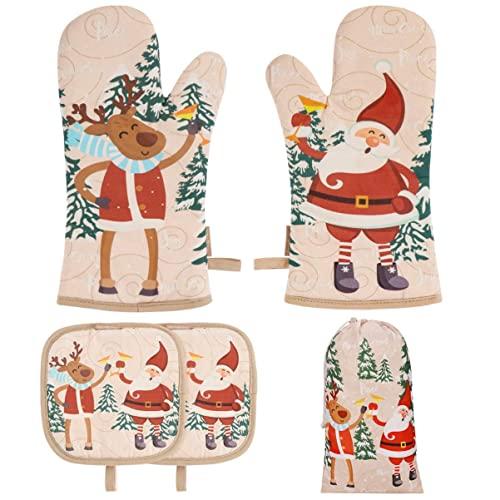 BESTONZON Cute Christmas Oven Mitt - 1 Set Heat Resistant Oven Gloves and Pot Holders with Christmas Designs Perfect Christmas Gift for Xmas Kitchen Decoration
