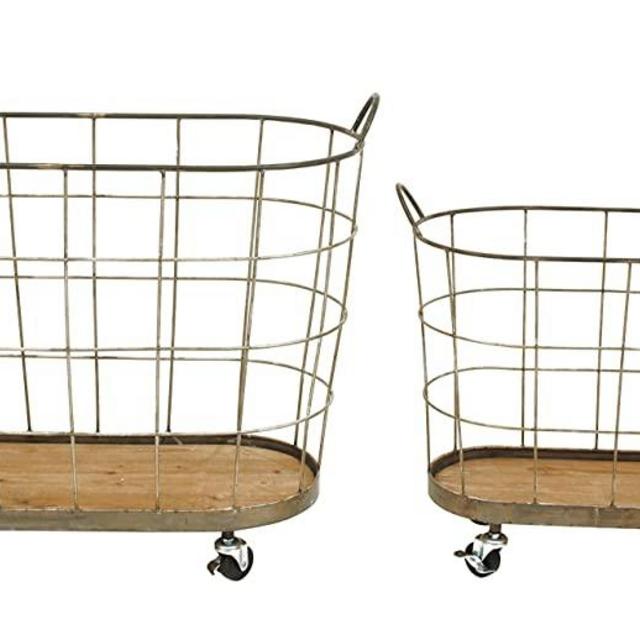 Creative Co-Op Metal & Wood Laundry Baskets on Wheels (Set of 2 Sizes)
