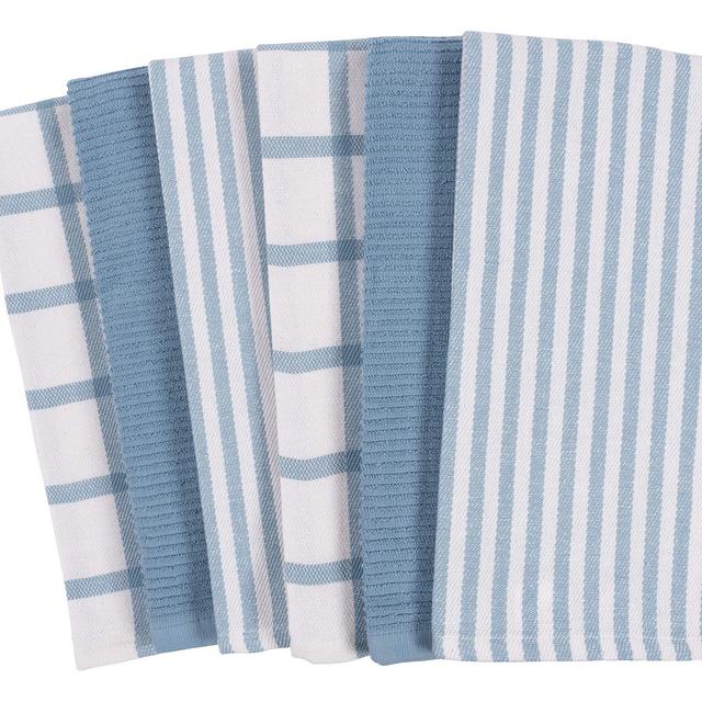 Mixed Flat Terry Kitchen Towels | Set of 6 18 x 28 Inches | 4 Flat Weave Towels for Cooking and Drying Dishes and 2 Terry Towels, for House Cleaning and Tackling Messes and Spills (Faded Denim)