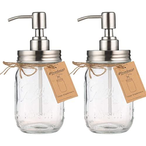 Plomkeest 2-Pack 16oz Mason Jar Soap Dispenser Clear Glass Jar Soap Dispenser with Rust Proof Stainless Steel Pump Liquid Soap Dispenser(Silver)