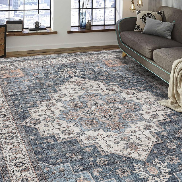 Mcadore Vintage Area Rug, 8x10 Washable Rugs for Living Room Bedroom Indoor Throw Rug, Distressed Boho Country Accent, Thin Low-Pile Floor Carpet for Kids Pet (Navy/Brown)