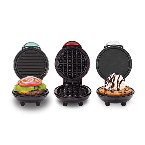 Dash DGMS03GBCL Mini Maker Grill, Griddle + Waffle Iron, 3 pack, Red/Aqua/White