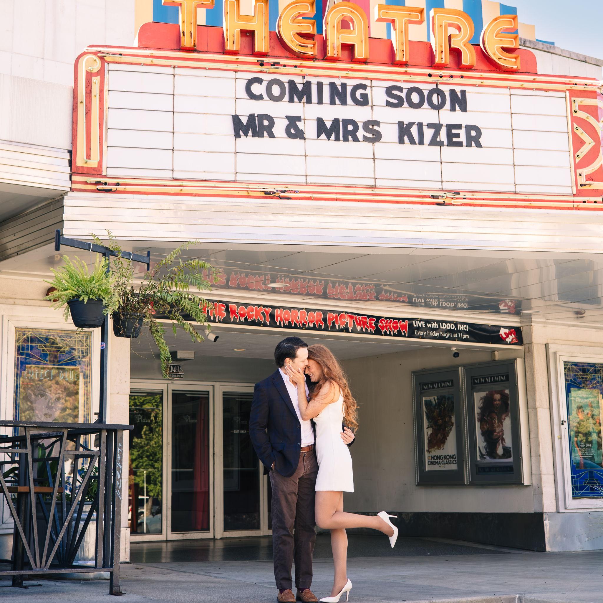 We took engagement photos at one of our favorite movie theaters, The Plaza ❤️