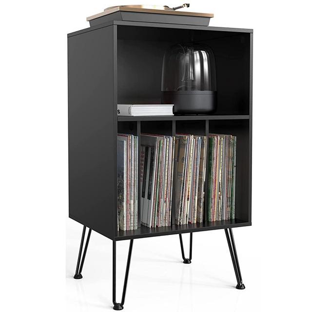 Record Player Stand, Turntable Stand with Record Storage, Vinyl Record Storage Cabinet with Metal Legs, Record Player Table Holds Up to 150 Albums for Living Room, Bedroom, Office, etc (Black)