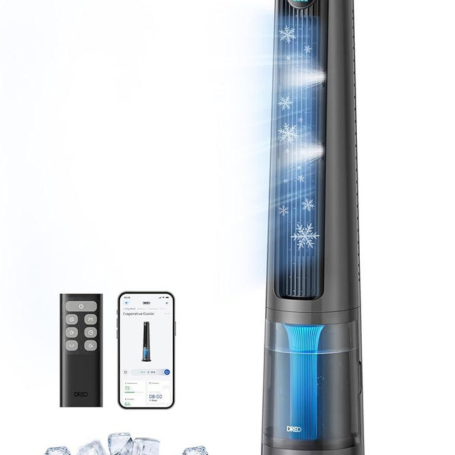 DREO TurboCool Misting Fan 765S, Fans that Blow Cold Air, 10°F Cooling, 34ft/s Fast Evaporative Air Cooler, 6L Tank, 20 dB Quiet DC Motor, 90° Tower Fan with 12 Speeds, 4 Modes for Home, Grey