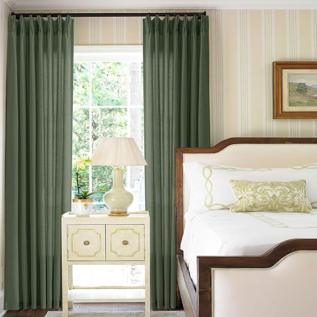 Olive Green Pinch Pleated Linen Curtains 108 Inches Long for Living Room Bedroom Light Filtering Linen Drapes 108 Inch Length Back Tab Ceiling to Floor Semi Sheer Pleated Curtain Hooks Rings 1 Panel