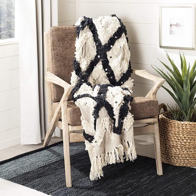 Safavieh Lila Grace Moroccan Boho Fringe Throw Blanket, Black/Beige