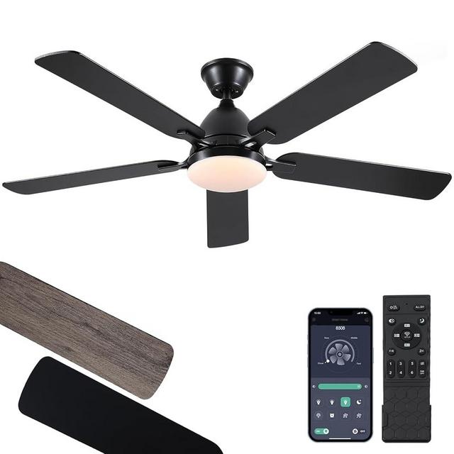BYKISTOK Ceiling Fans with Lights, 52 Inch Low Profile Ceiling Fan with Light and Remote Control,Reversible, 3CCT, Dimmable, Quiet, Black Ceiling Fan for Bedroom Indoor/Outdoor Use