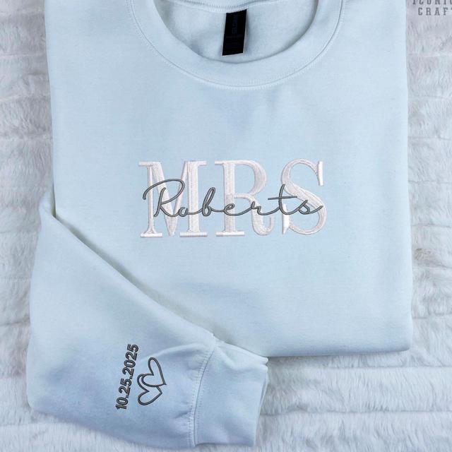 Custom Mrs Sweatshirt with Embroidered Last Name, Bride to Be Crewneck, Future Mrs Gift for Bridal Shower, Engagement or Honeymoon Shirt