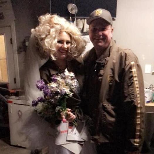 Our first Halloween, obviously I was a UPS Mail Order Bride.