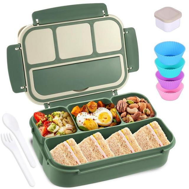 Bento Box Adult Lunch Box, Lunch Containers for Kids Girls Boys with 4 Compartments, Lunchable Food Container with Utensils, Sauce Jar, Muffin Liners, 40 Oz/5 Cup, Microwave & Dishwasher Safe, Green