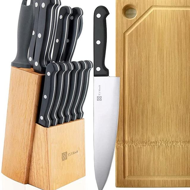 T.J Koch Knife Set 15 Pcs with Block Cutting Board Kitchen Knives Set 8" Chef Slicing Bread 5" Utility 3½" Paring 4½" Steak Knives x 6 Sharpener Steel