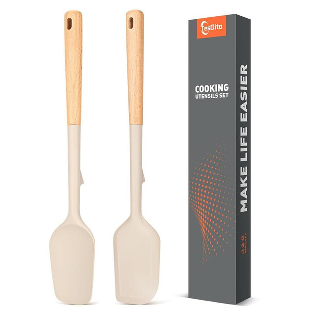 Large Silicone Rubber Spatula Scrapers 14" with Long Wood Handle,Heat Resistant,Durable, Essential Baking Tools for Mixing, Folding, Scraping,Spreading for Nonstick Cookwares,Pack of 2 (Khaki)