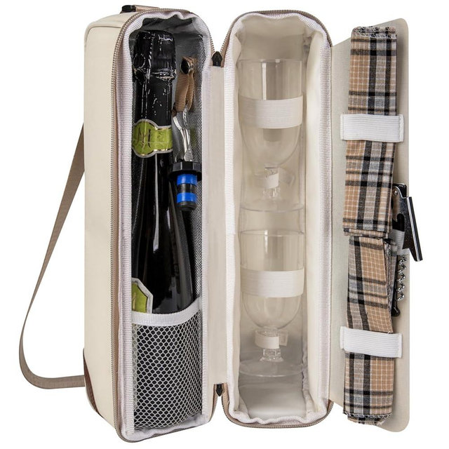 ALLCAMP Wine Tote Bag with Cooler Compartment，Picnic Set Carrying Two Sets of Tableware（Cream-Colored）