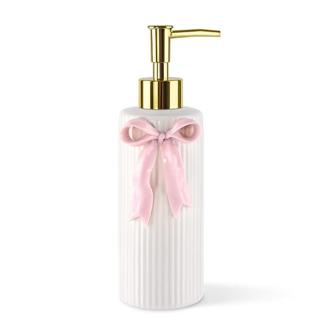 NEWHENGS Handmade Ceramic Bow Soap Pump Dispenser Hand Lotion Liquid Dispenser Refillable for Kitchen and Bathroom Decorative (Ribbon Pink)