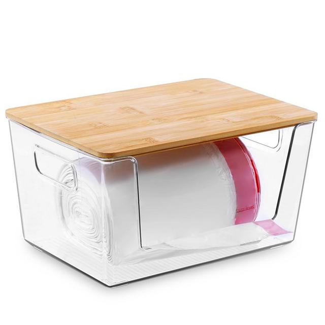 Citylife Stackable Storage with Bamboo Tops and Handles, Laundry Room Organization and Storage for Home, Kitchen, Under-Sink Garbage Bag Dispenser