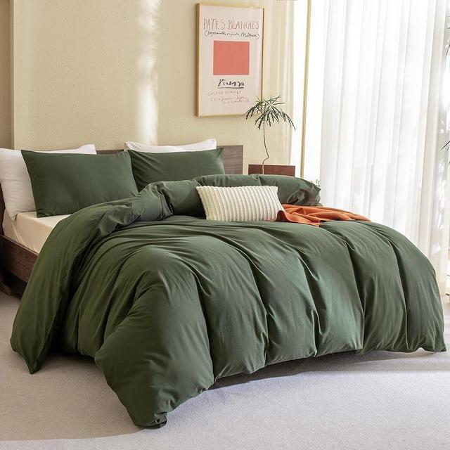 CozyTide Queen Size Comforter Set Olive Green,100% Cotton Soft Solid Dark Green Bedding Set & Collections,3 Pieces Lightweight Bedding Set for All Seasons