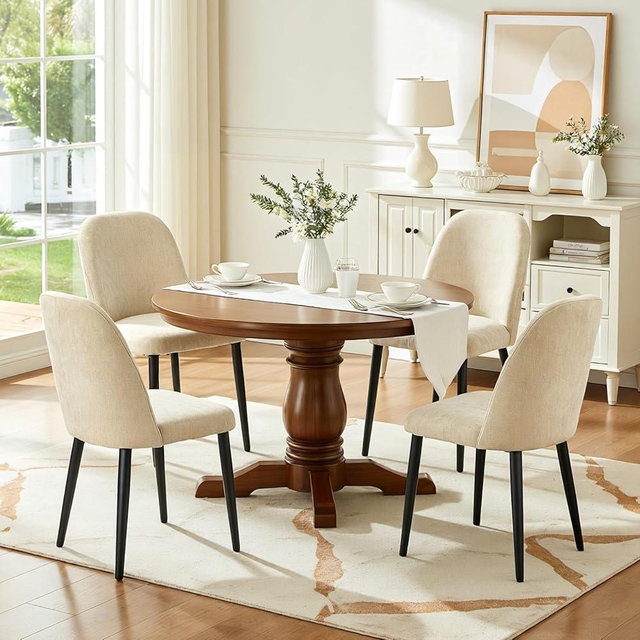 AmoUnico Upholstered Dining Chairs Set of 4, Mid Century Modern Fabric Dining Room Chair High-Back Padded Kitchen Chairs with Padded Seat and Metal Legs for Kitchen Dining Room Restaurant Cafe, Beige