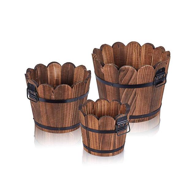 Wooden Bucket Barrel Planters, Rustic Patio Planters Flower Pots for Plants Garden Outdoor Indoor Décor, Set of 3