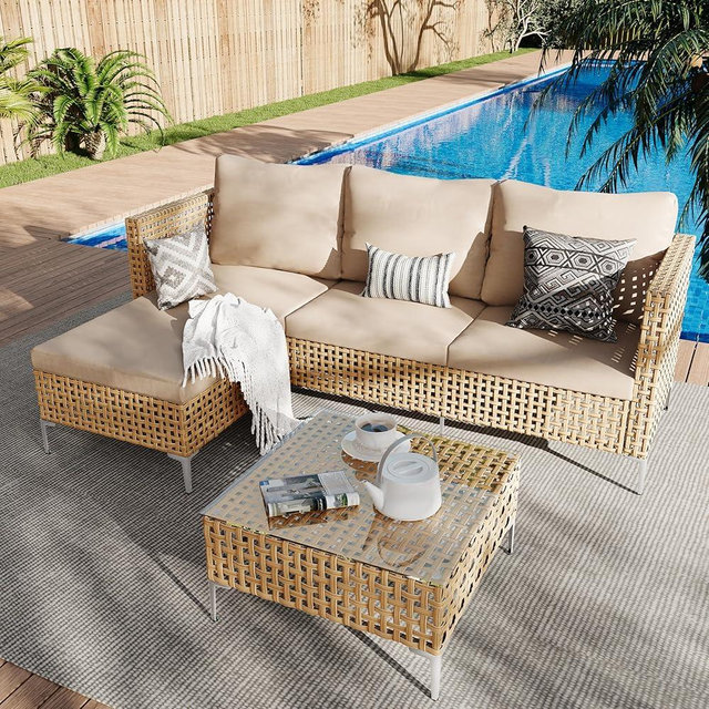 Ophelian 3 Piece Outdoor Furniture Set, Apartment Patio Sectional Furniture, Patio Chaise Sofa Sets with All Weather Manual Rattan, Perfect for Balcony, Porch, Lawn, Backyard (Yellow/Beige)