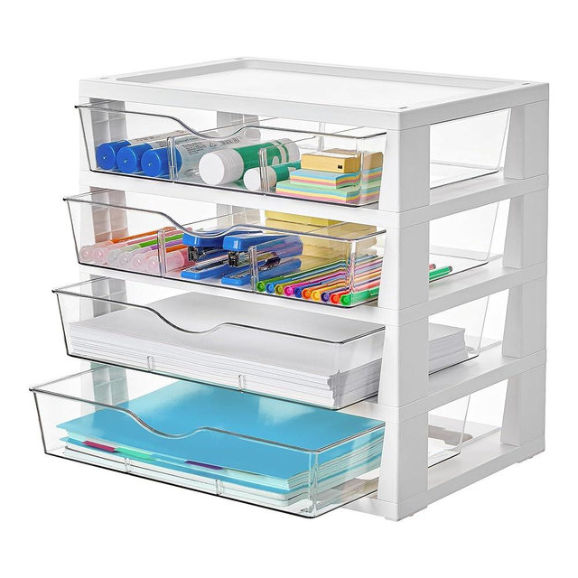 Vtopmart Clear Desk Organizer, 4-Tier Assemble Desktop File Organizer with Drawers, Office Desk Organization for Office Supplies