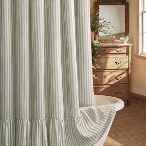 Farmhouse Shower Curtain with Ruffle Hem Linen Shower Curtains for Bathroom Country Vintage Rustic Natural Fabric, Cream-Green Stripe 72" W x 72" L