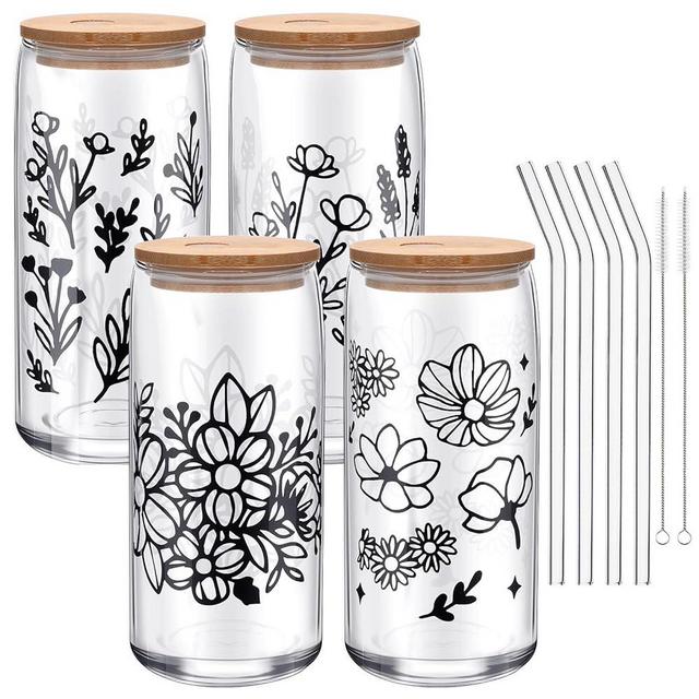 Norme 4 Pcs Floral Glass Cups with Lid and Straw Clear 16oz Iced Coffee Glass Flower Drinking Jars Can Shaped Drinking Cute Glass Tumblers for Cocktail, Whiskey, Beer, Juice