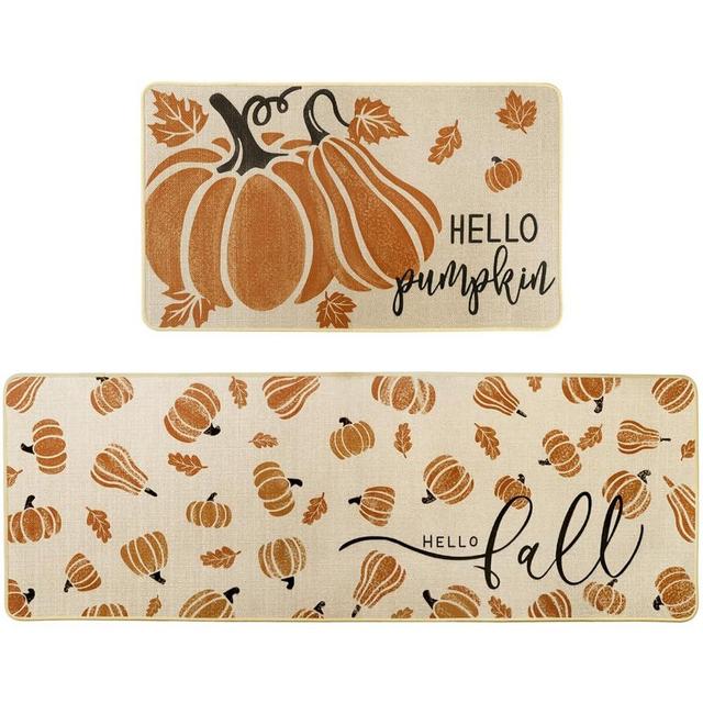 Heirloom Haven Hello Pumpkin Autumn Kitchen Rugs Set of 2,Hello Fall Leaves Low-Profile Holiday Home Decor Kitchen Mats for Home Kitchen Floor 17x29 and 17x47 Inch