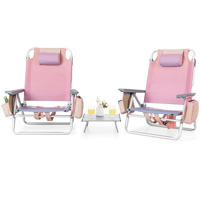 Tangkula Backpack Beach Chair with Table, 5-Position Lay Flat Chairs with Cooler Bag, 2 Cup Holders, Towel Bar, Lightweight Low Folding Chair with Backpack Straps, Pink